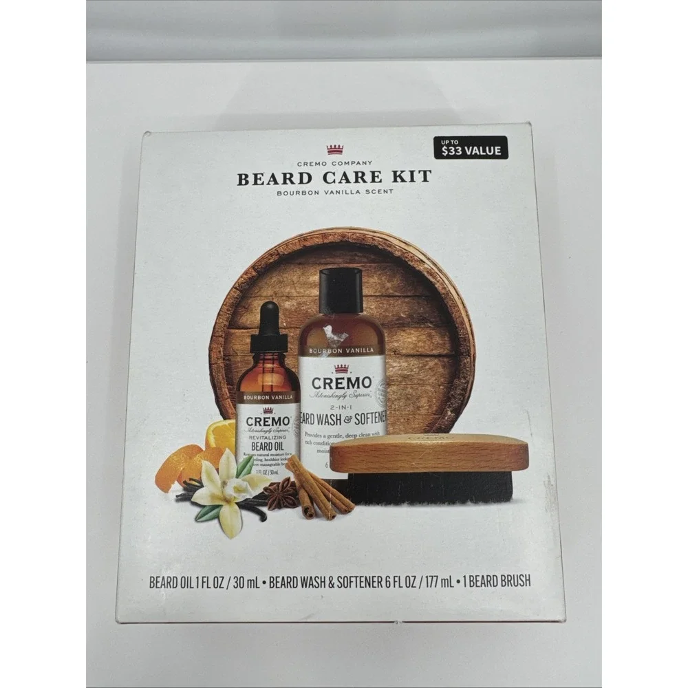 Cremo Mens Beard Grooming 3-PC Kit Wash/Softener-Oil-Brush Bourbon Vanilla Scent